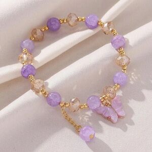 Whimsical Purple and Gold Beaded Bracelet with Butterfly Charm